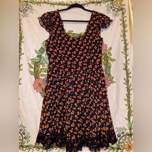 Royal Bones Daang Cherry Print Rockabilly Dress Smocked Scoop Neck Black Red XL